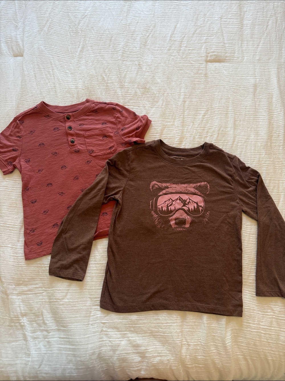 Kids Long Sleeve Brown Bear Graphic Tee & Short Sleeve Dusty Red Henley Set